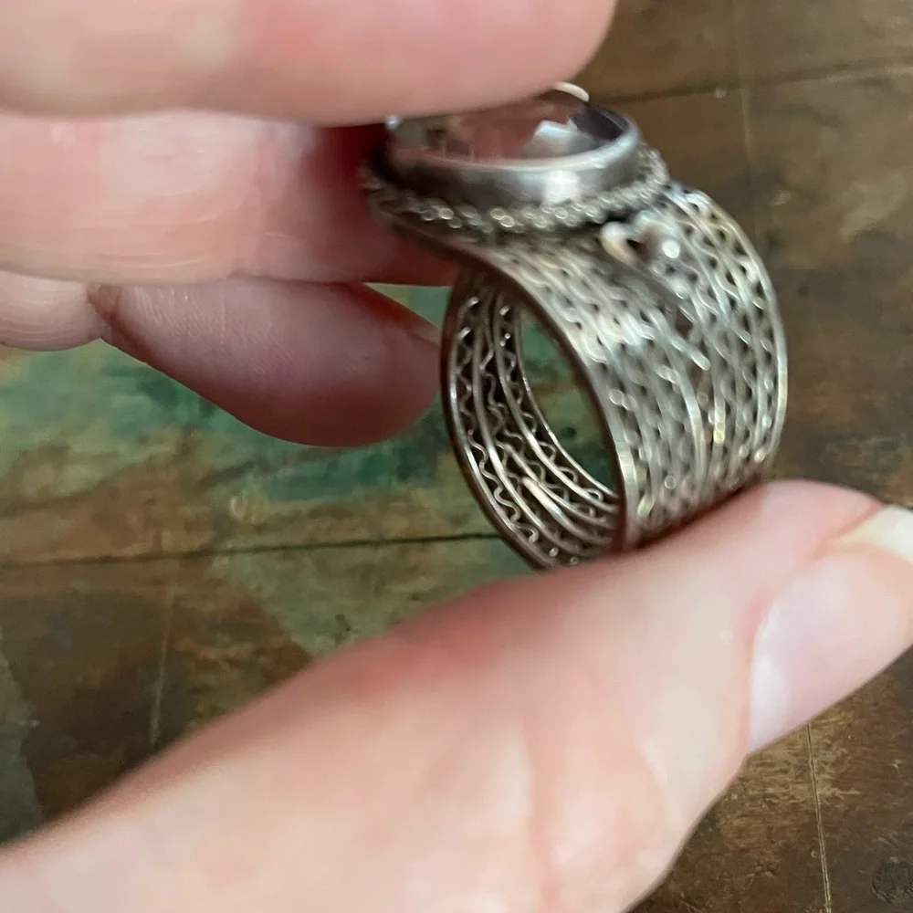 Vintage deco ring silver mesh with smoky quartz stone